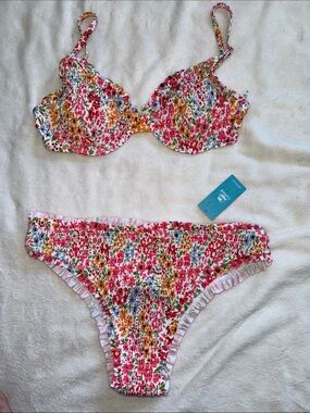 Cupshe Floral Smocked Pink Orange Green Blue Bikini Set